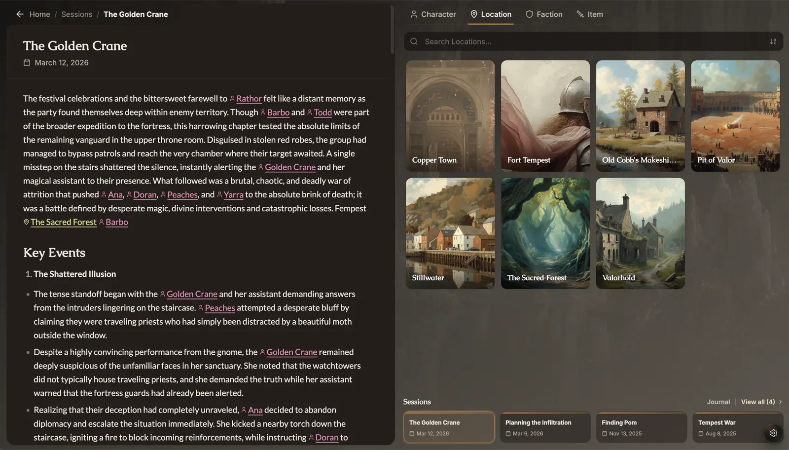 The Golden Crane session notes beside its auto-linked location wiki