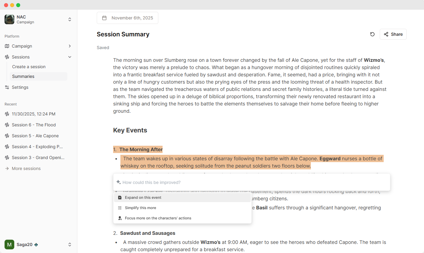 Saga20 App Interface